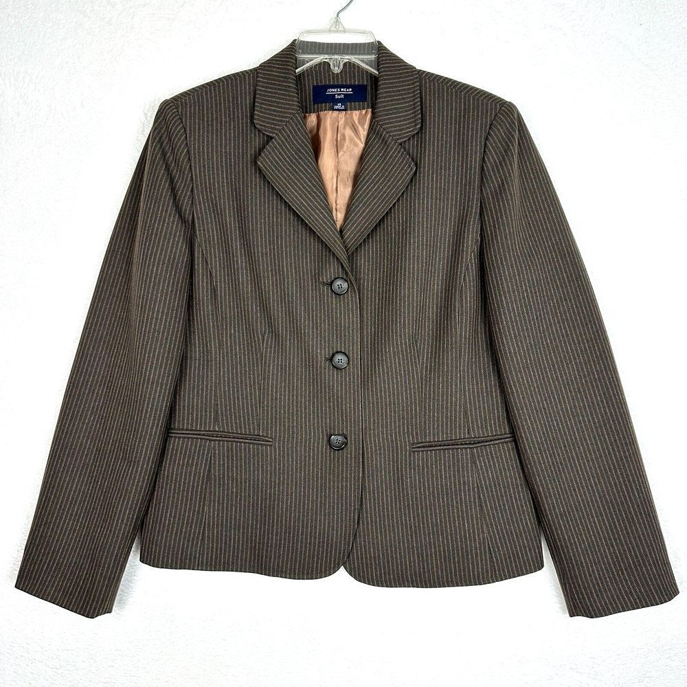 Jones Wear Suit Blazer Womens Size 14 Brown Striped Long Sleeve Jacket